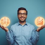 A marketer holding two glowing spheres symbolizing Facebook’s organic and paid features, representing the balance between authentic connection and strategic promotion for brand growth.