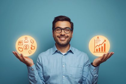 A marketer holding two glowing spheres symbolizing Facebook’s organic and paid features, representing the balance between authentic connection and strategic promotion for brand growth.