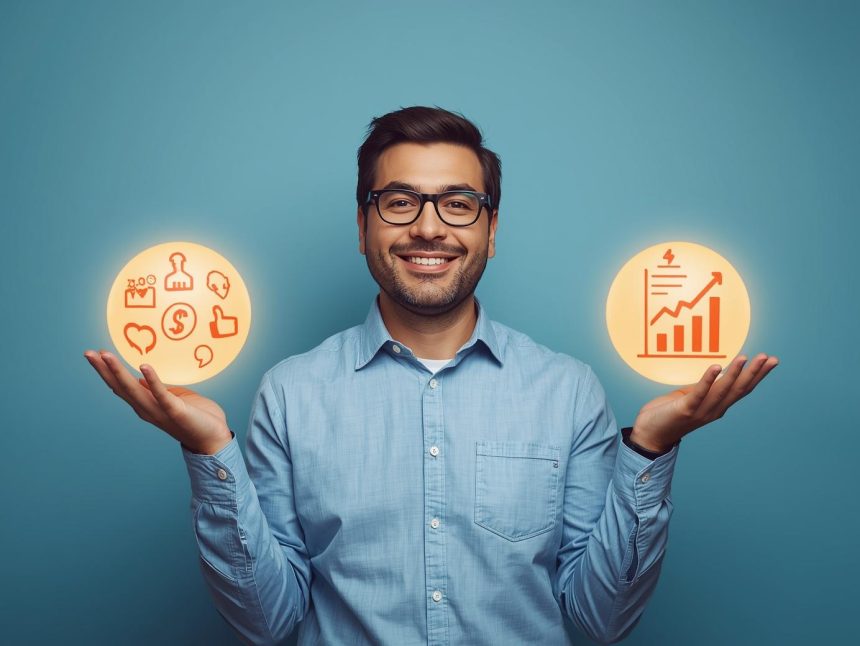 A marketer holding two glowing spheres symbolizing Facebook’s organic and paid features, representing the balance between authentic connection and strategic promotion for brand growth.
