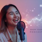 A podcaster speaking into a glowing microphone surrounded by sound waves and listener icons, symbolizing how podcast marketing helps grow and engage audiences.