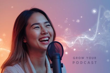 A podcaster speaking into a glowing microphone surrounded by sound waves and listener icons, symbolizing how podcast marketing helps grow and engage audiences.