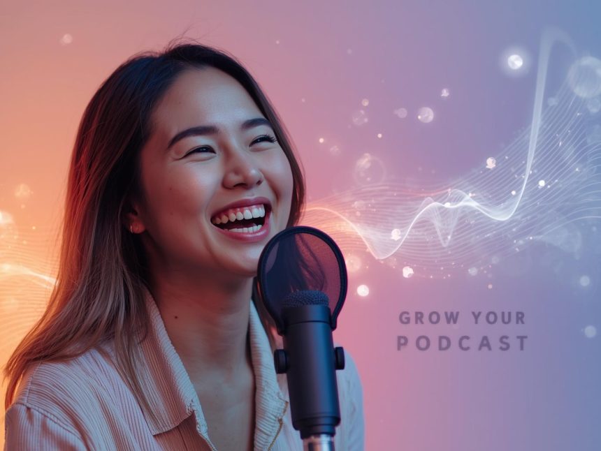 A podcaster speaking into a glowing microphone surrounded by sound waves and listener icons, symbolizing how podcast marketing helps grow and engage audiences.