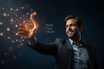 A confident professional reaching toward a glowing digital hook connecting to icons of followers, social networks, and opportunities, symbolizing personal brand growth and future success.