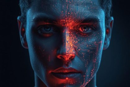 A glowing robotic hand shaking hands with a human marketer surrounded by floating icons of hearts and purchases, symbolizing AI’s growing role in winning customer trust and loyalty.