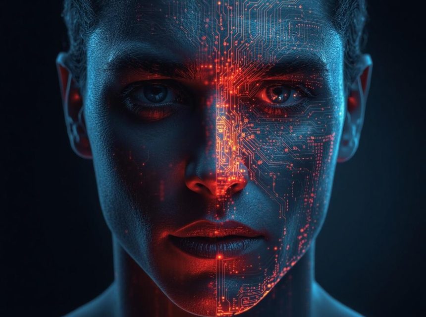 A glowing robotic hand shaking hands with a human marketer surrounded by floating icons of hearts and purchases, symbolizing AI’s growing role in winning customer trust and loyalty.