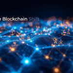 A marketer standing in an upside-down digital city connected by glowing blockchain chains, symbolizing the disruption and transparency reshaping digital marketing.