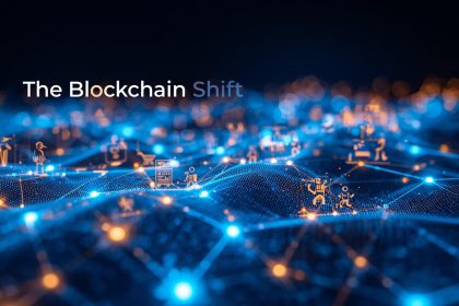 A marketer standing in an upside-down digital city connected by glowing blockchain chains, symbolizing the disruption and transparency reshaping digital marketing.