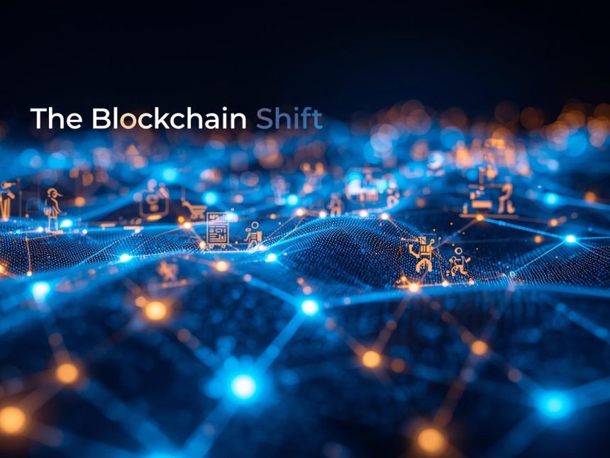 A marketer standing in an upside-down digital city connected by glowing blockchain chains, symbolizing the disruption and transparency reshaping digital marketing.