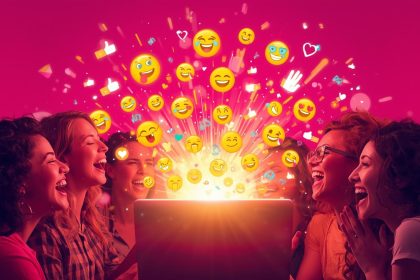 A crowd of people celebrating with glowing engagement icons and digital screens, symbolizing the excitement and power of audience participation in marketing.