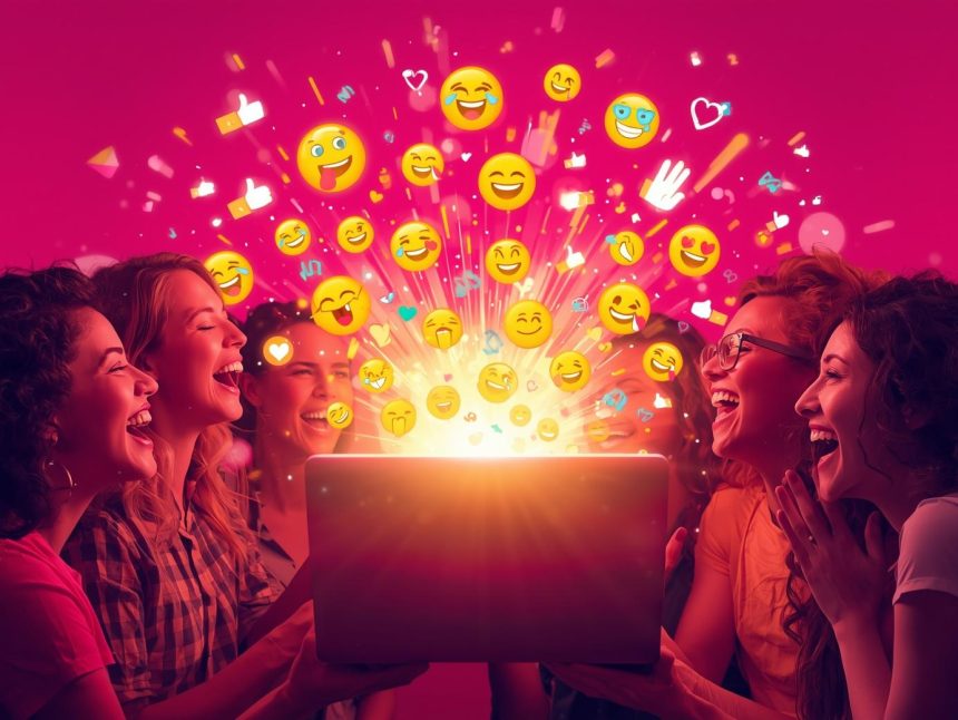 A crowd of people celebrating with glowing engagement icons and digital screens, symbolizing the excitement and power of audience participation in marketing.