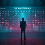 A smiling marketer surrounded by glowing game icons such as badges, trophies, and hearts, symbolizing gamification and digital engagement in modern brand marketing.