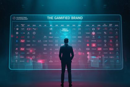 A smiling marketer surrounded by glowing game icons such as badges, trophies, and hearts, symbolizing gamification and digital engagement in modern brand marketing.