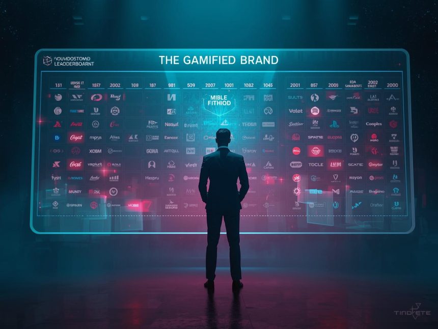 A smiling marketer surrounded by glowing game icons such as badges, trophies, and hearts, symbolizing gamification and digital engagement in modern brand marketing.