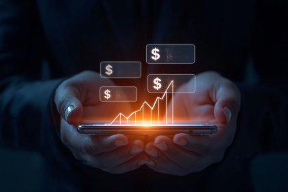 A glowing digital chat bubble transforming into rising graphs and coins, symbolizing how customer conversations drive engagement and business growth.