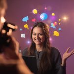 A marketer hosts a live session surrounded by glowing engagement icons, symbolizing the power of real-time connection in digital marketing.