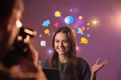 A marketer hosts a live session surrounded by glowing engagement icons, symbolizing the power of real-time connection in digital marketing.
