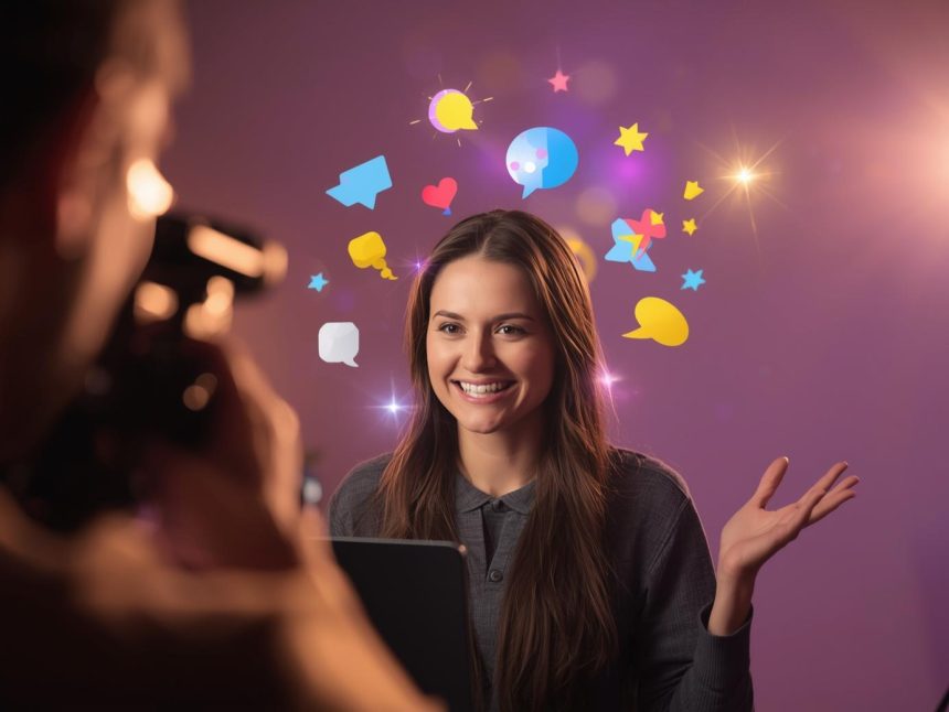 A marketer hosts a live session surrounded by glowing engagement icons, symbolizing the power of real-time connection in digital marketing.