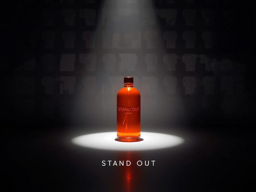 A marketer standing proudly before a glowing neon brand logo surrounded by hearts, stars, and icons, symbolizing memorable branding and customer loyalty.