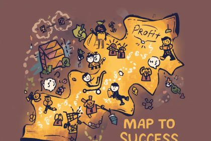 A marketer creating a glowing digital map connecting customer touchpoints from awareness to loyalty, symbolizing customer journey mapping for growth and profitability.