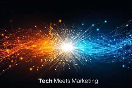 A marketer surrounded by glowing digital tools and dashboards emerging from a laptop, symbolizing how MarTech is transforming digital marketing success.