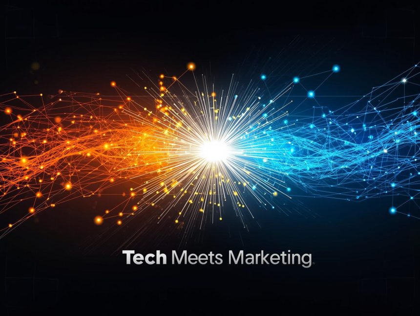 A marketer surrounded by glowing digital tools and dashboards emerging from a laptop, symbolizing how MarTech is transforming digital marketing success.