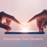 A smiling marketer reaching through a glowing digital interface to shake hands with a customer made of light, symbolizing human connection and personalization in modern marketing.