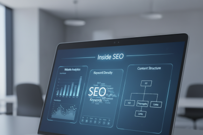 A marketer optimizing website content on a glowing digital screen with keywords, headings, and tags highlighted, representing on-page SEO strategy and best practices.