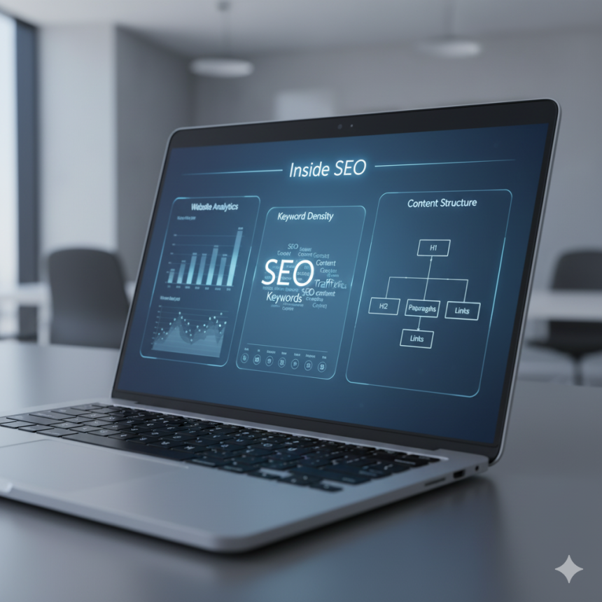 A marketer optimizing website content on a glowing digital screen with keywords, headings, and tags highlighted, representing on-page SEO strategy and best practices.