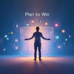 A focused marketer surrounded by a glowing digital content calendar and floating social media icons, representing effective planning and execution for maximum impact and engagement.