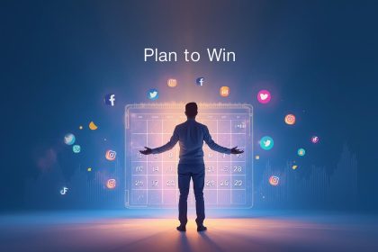 A focused marketer surrounded by a glowing digital content calendar and floating social media icons, representing effective planning and execution for maximum impact and engagement.