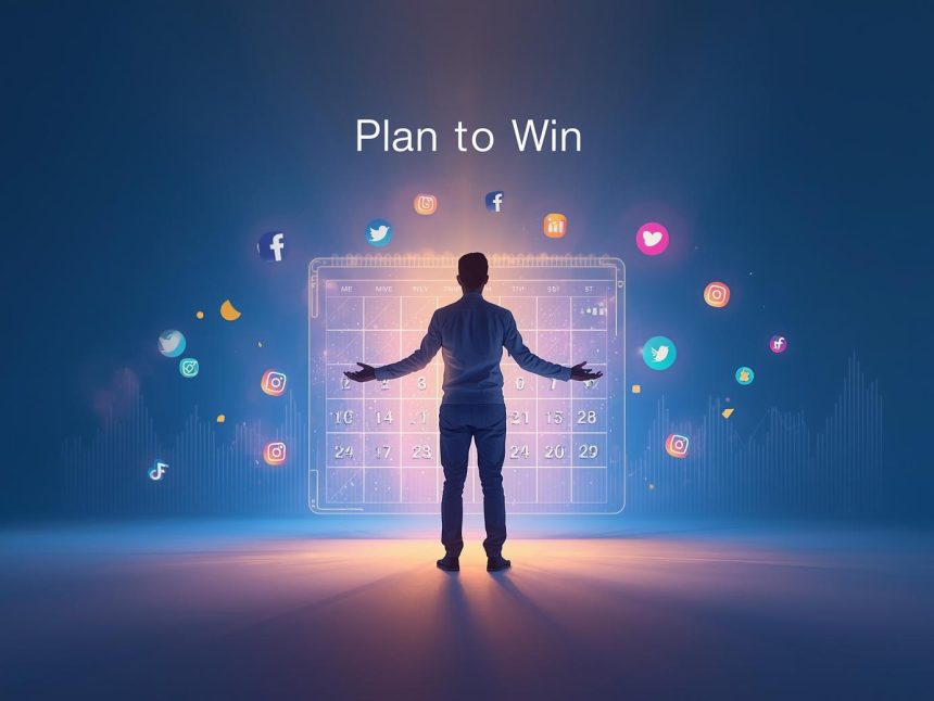 A focused marketer surrounded by a glowing digital content calendar and floating social media icons, representing effective planning and execution for maximum impact and engagement.