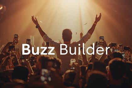 A confident marketer standing before a blank billboard that glows with hearts and share icons, symbolizing organic buzz built through consistency and genuine connection instead of paid ads.