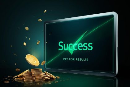 A glowing digital coin dropping only when a “Success” checkmark appears on a campaign dashboard, symbolizing pay-for-performance ad models and ROI efficiency.