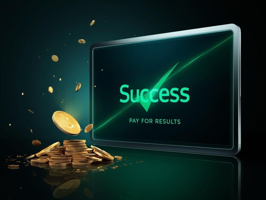 A glowing digital coin dropping only when a “Success” checkmark appears on a campaign dashboard, symbolizing pay-for-performance ad models and ROI efficiency.