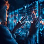 A marketer surrounded by holographic data and AI icons, with one glowing symbol representing the next big marketing innovation of the future.