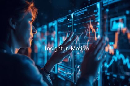 A marketer surrounded by holographic data and AI icons, with one glowing symbol representing the next big marketing innovation of the future.