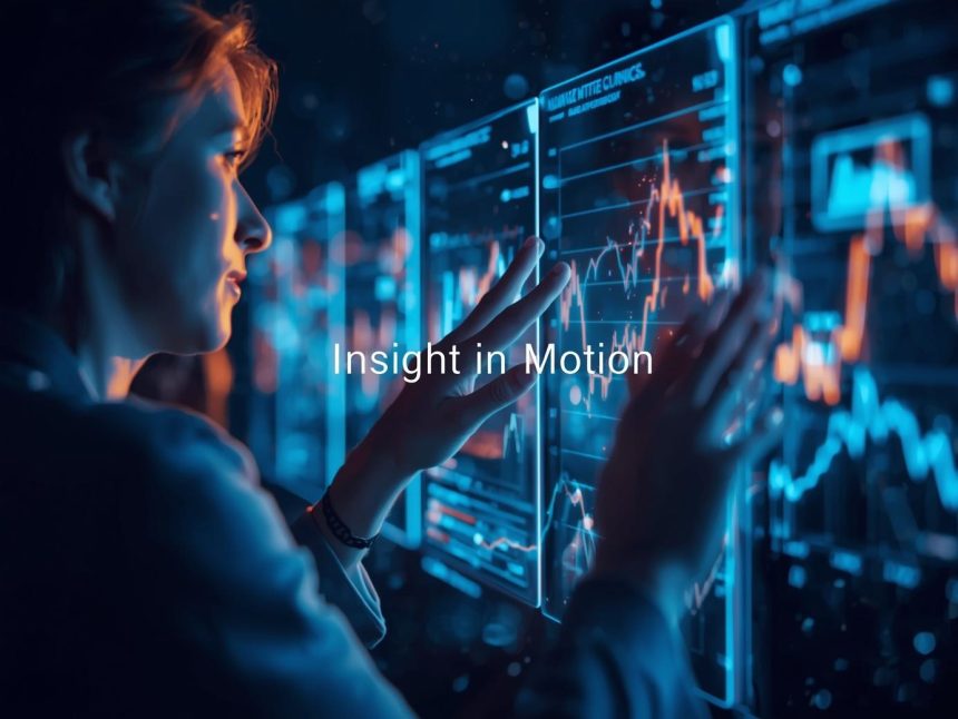 A marketer surrounded by holographic data and AI icons, with one glowing symbol representing the next big marketing innovation of the future.