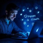 A digital marketer surrounded by glowing tweets, likes, and comment icons while analyzing engagement metrics on the X platform, symbolizing brand promotion and audience growth.