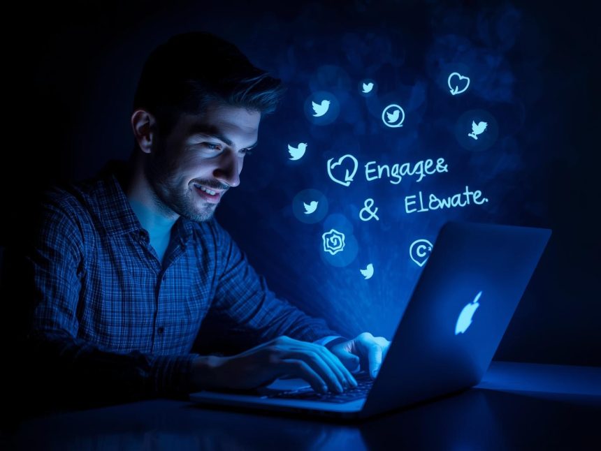 A digital marketer surrounded by glowing tweets, likes, and comment icons while analyzing engagement metrics on the X platform, symbolizing brand promotion and audience growth.