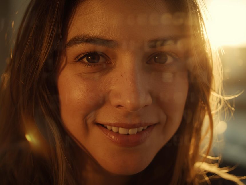 A smiling person speaks on camera with glowing text overlays of story fragments, symbolizing how authentic storytelling connects emotionally with audiences.