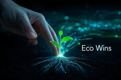 A glowing Earth surrounded by digital eco-icons representing renewable energy, sustainability, and marketing innovation in 2025.