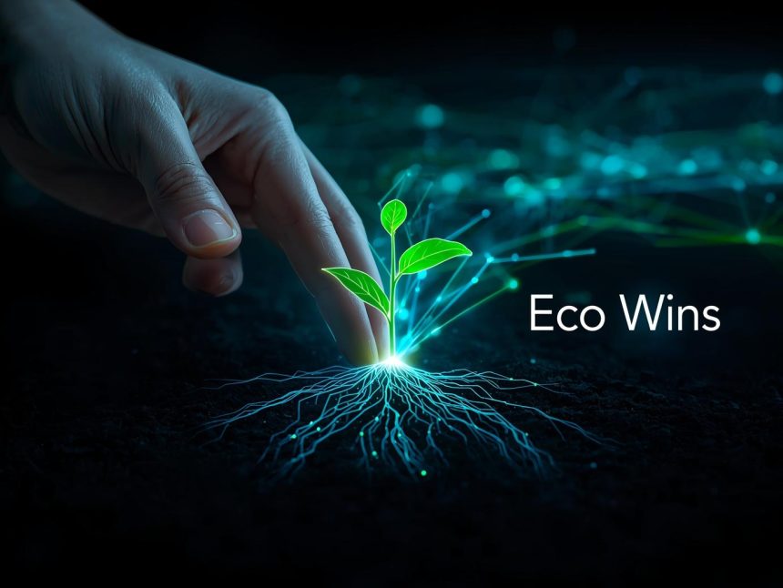 A glowing Earth surrounded by digital eco-icons representing renewable energy, sustainability, and marketing innovation in 2025.