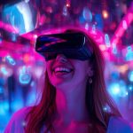 A smiling shopper using AR to virtually try on products through a glowing digital display, symbolizing augmented reality marketing and immersive brand experiences.