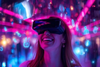 A smiling shopper using AR to virtually try on products through a glowing digital display, symbolizing augmented reality marketing and immersive brand experiences.