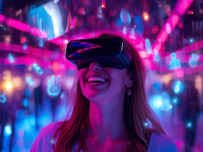 A smiling shopper using AR to virtually try on products through a glowing digital display, symbolizing augmented reality marketing and immersive brand experiences.