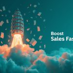 A digital marketer surrounded by glowing shopping carts, sales charts, and order notifications, symbolizing the power of e-commerce marketing to boost online sales.