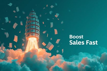 A digital marketer surrounded by glowing shopping carts, sales charts, and order notifications, symbolizing the power of e-commerce marketing to boost online sales.