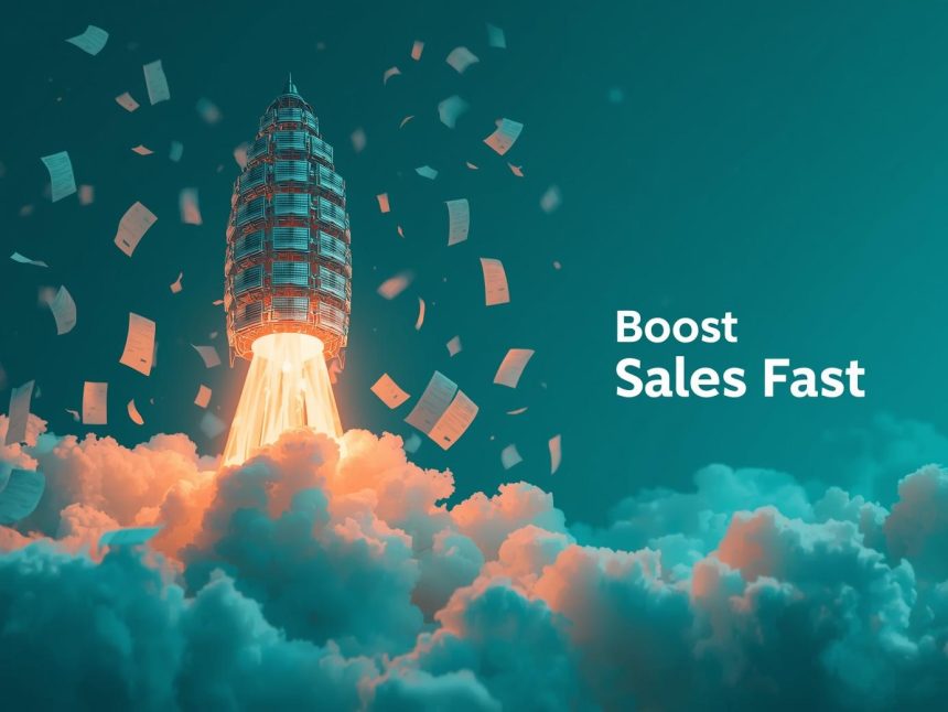 A digital marketer surrounded by glowing shopping carts, sales charts, and order notifications, symbolizing the power of e-commerce marketing to boost online sales.