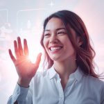 A marketer shapes glowing digital elements with their hands, symbolizing the rise of interactive storytelling and audience engagement in 2025.