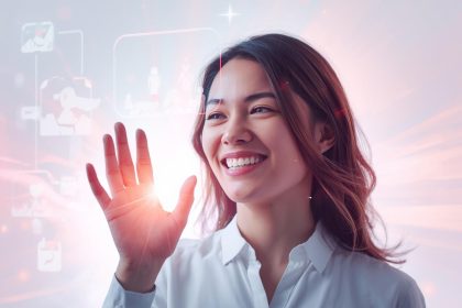 A marketer shapes glowing digital elements with their hands, symbolizing the rise of interactive storytelling and audience engagement in 2025.